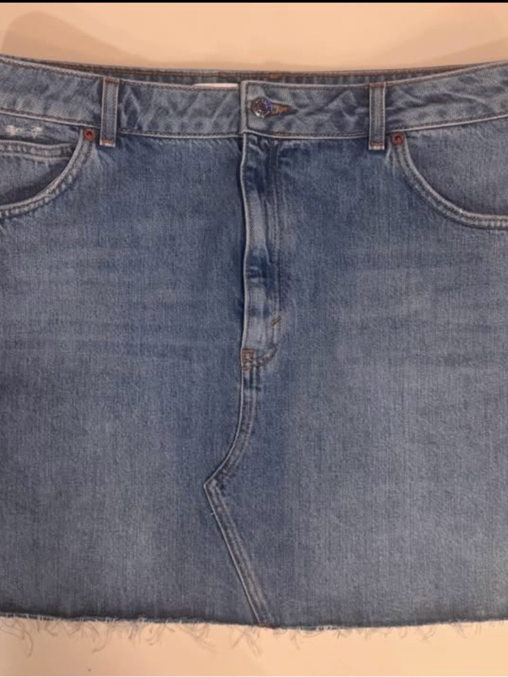 Topshop Denim Mini Skirt | Blue | Size US-12, UK-16, EUR-44 | Frayed Hem